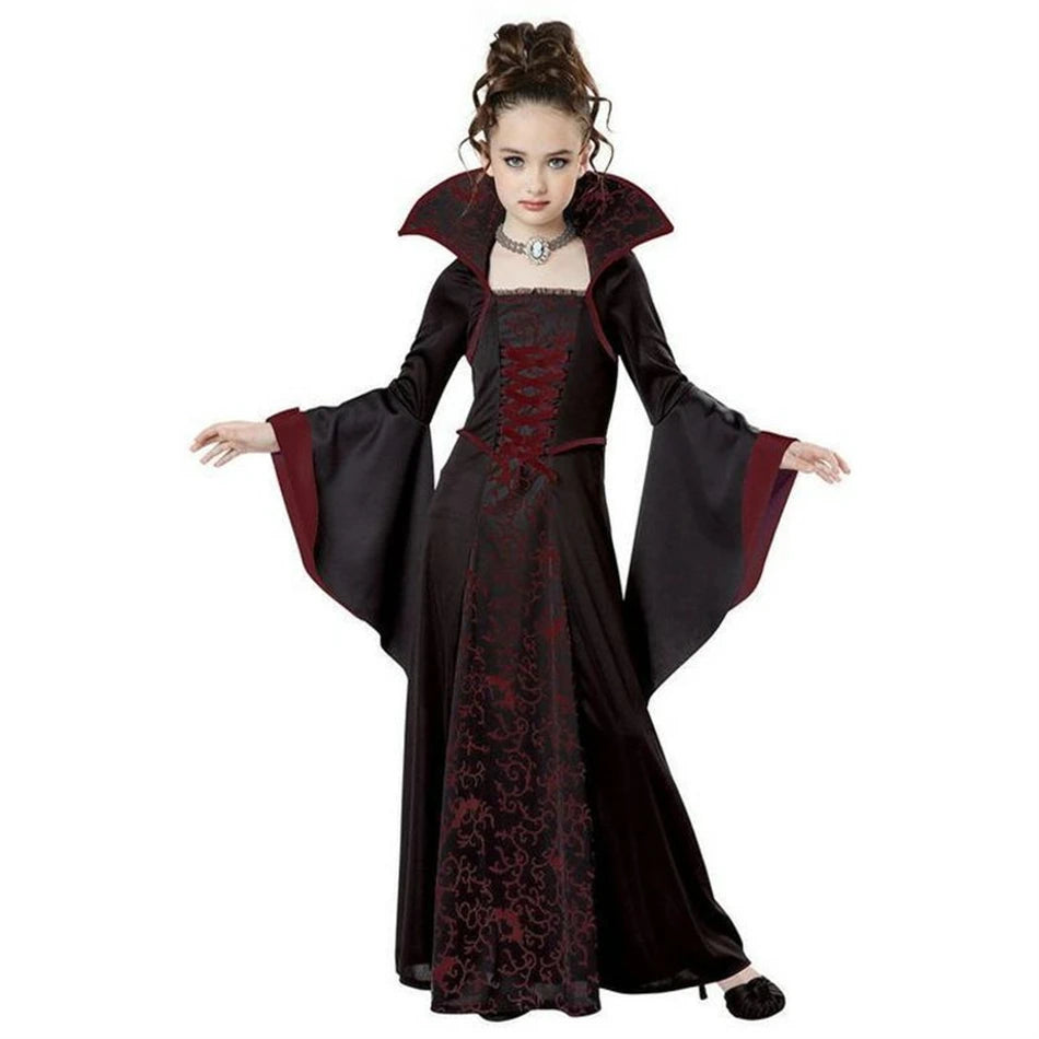 Halloween Hexen kostüm für Mädchen Kinder lange ausgestellte Ärmel Spitze Kleid bösartige Cosplay Kleidung beängstigende Verkleidung Kleidung.