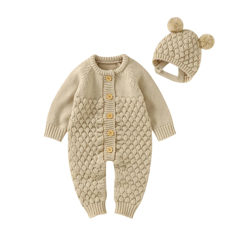 Autumn Baby Rompers Solid Long Sleeve Knitted Newborn Boys Girls Winter Outwear Jumpsuits Hats Clothes Sets 0-18m Infant Outfits
