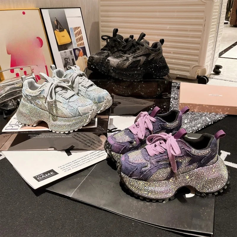 Washed Denim Rhinestone Platform Women's Shoes New Heightened Casual Sneakers 2025.