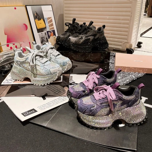 Washed Denim Rhinestone Platform Women's Shoes New Heightened Casual Sneakers 2025.