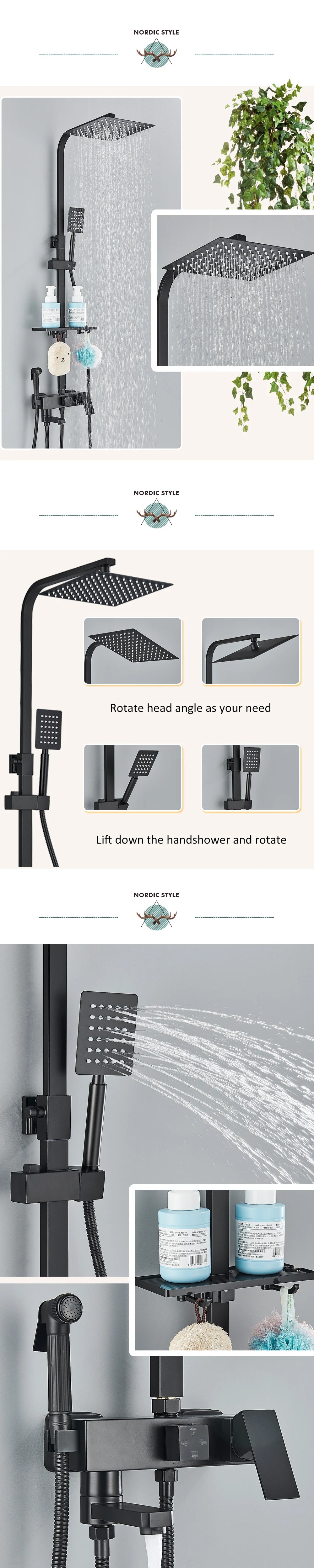 Black Chrome 3/4-way Shower Faucet Rainfall Shower Hot Cold Water Mixer Bidet Faucet Commodity Shelf For Bathroom Shower Mixer