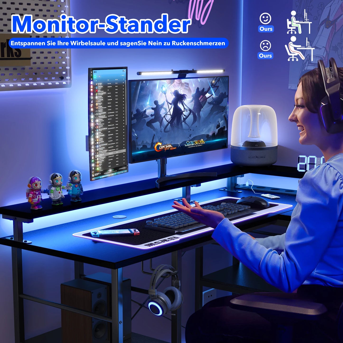 Moderner L-Schreibtisch, 2 in 1 Umwandelbar, 140/230cm, mit ergonomischer Monitortisch-Aufsatz, Power Hub, Gaming-Tisch