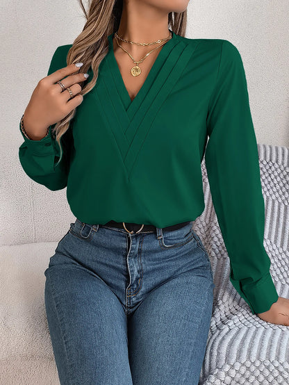 Summer And Autumn Women's Casual Shirt, Commuting Style Solid Color V-neck Long Sleeve Shirt Top.