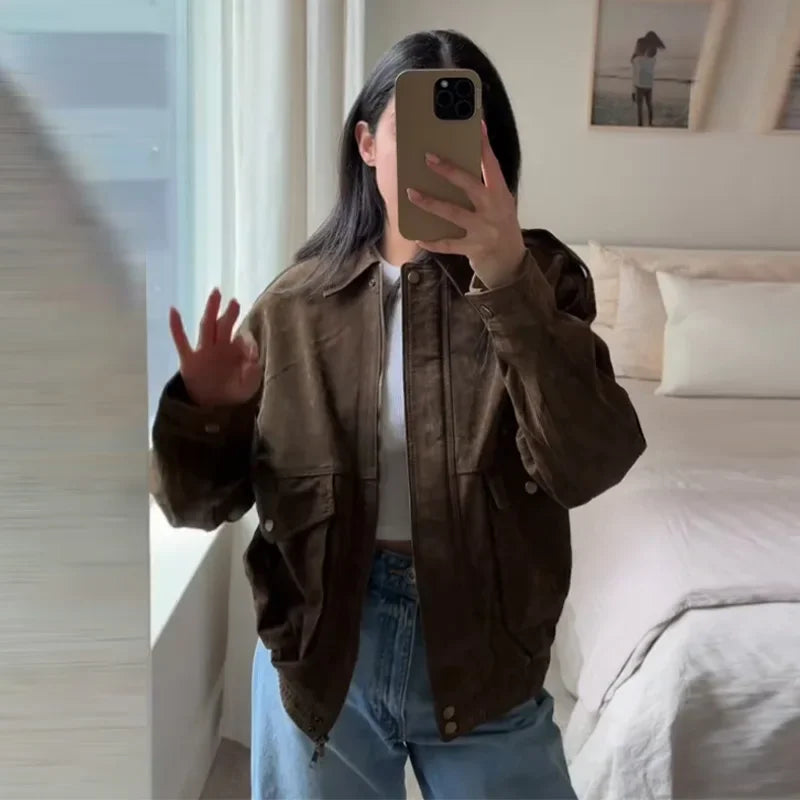 Retro-Jacke, modisch, Frühling und Herbst, lässig, lockere Tasche, langärmelig, trendig, cool, vielseitig, hochwertige Damen-Kurzjacke