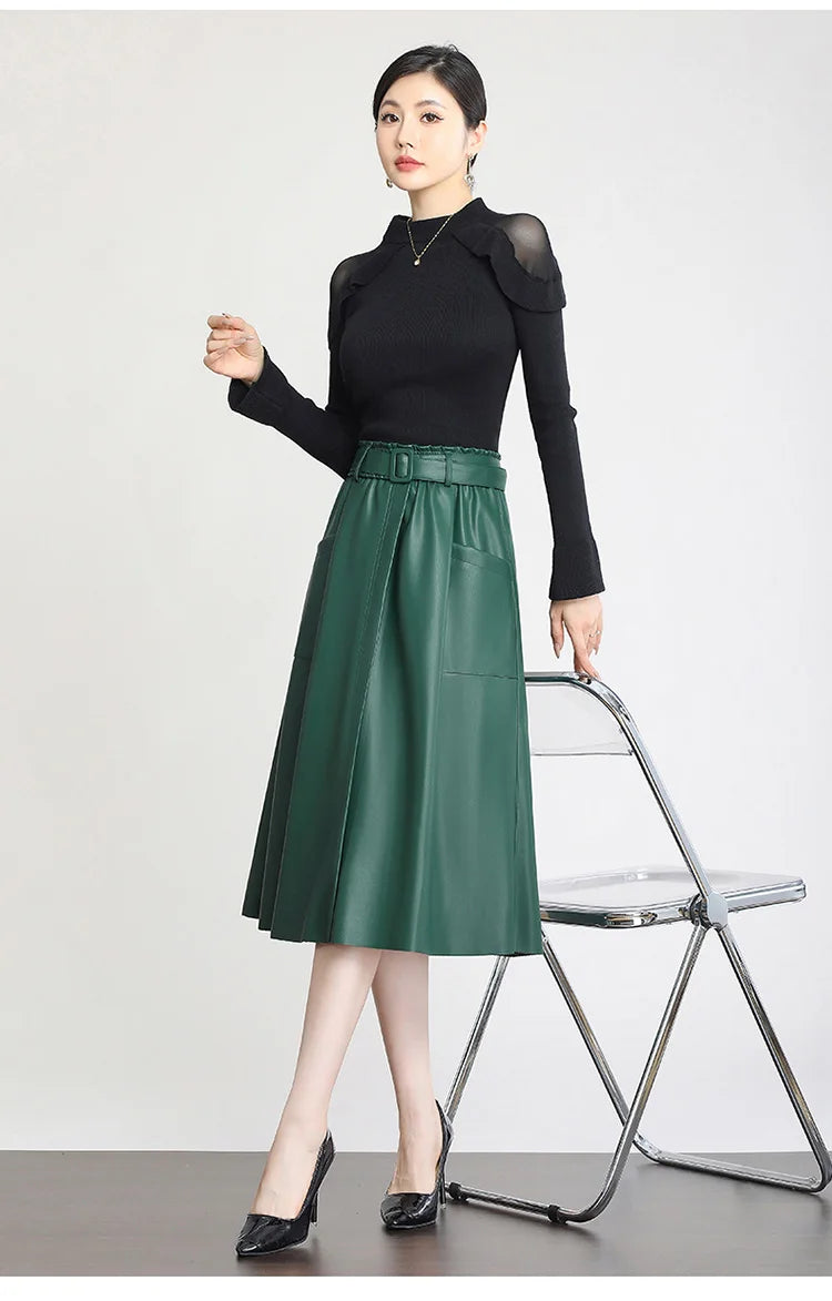 S-5XL New Women Plus Size Leather Skirt Spring Autumn Fashion Stretch Waist A-Line Loose Long Skirt Split Leather Sheepskin