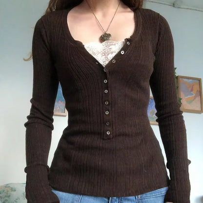 2000er Jahre Vintage Langarm Babydoll Strickpullover Tops Cottage Milkmaid Pullover Ästhetische Grunge Y2k Strickwaren T-Shirts Damen