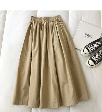 Women Black skirt midi High waist korean style Pleated a line Vintage Clothing 2025 new Summer Casual Fashion Ladies Work Wear.