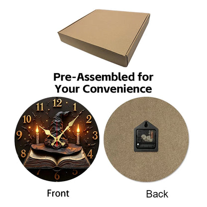 Wizard Hat & Books Runde, geräuschlose Wanduhr aus Holz zum Aufhängen, geeignet für Wohnzimmer, Büro, Arbeitszimmer, Schlafzimmer, Heimdekoration