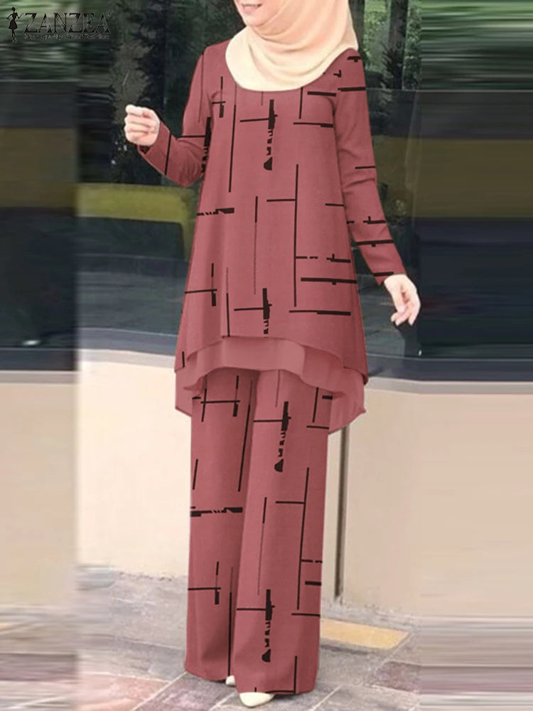 ZANZEA Muslim Women Pant Sets Islamic All-over Printed Long Top and Wide Leg Pant 2pcs Outfits Vintage Elegant 2-Pieces Suits.