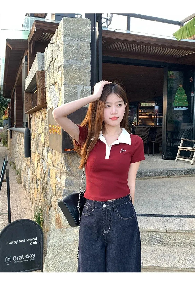 Women's Slim Fit Short Sleeve Polo Shirt Summer New Color Collision Design Red T-Shirt Top Fashionable Casual Business Wear
