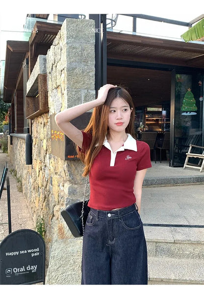 Women's Slim Fit Short Sleeve Polo Shirt Summer New Color Collision Design Red T-Shirt Top Fashionable Casual Business Wear