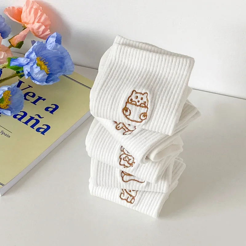 5 Pairs of White Women's Embroidered Socks for All Seasons Cotton Socks Mid-high Tube Student Cartoon Sports Socks.