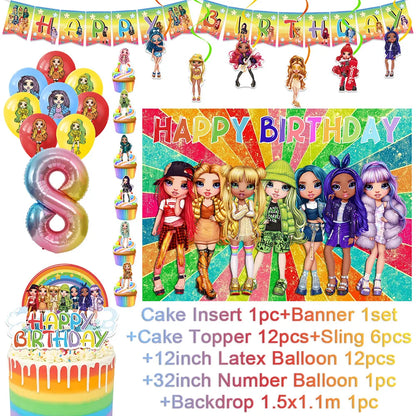 Cartoon Regenbogen Puppe High School Thema Hintergrund Geburtstag Party Dekoration Lieferungen Einweg Tasse Besteck Ballon Baby Geschenk