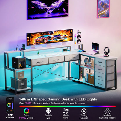 Weißer L-förmiger Schreibtisch mit LED Beleuchtung Schubladen Regal USB Steckdosen Computertisch 200cm