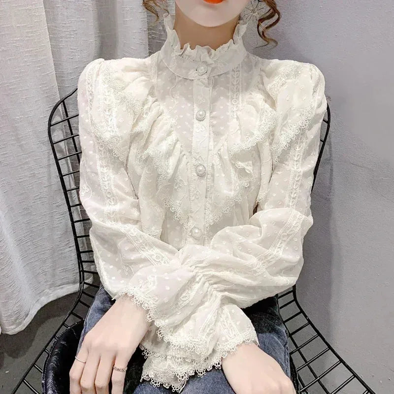 Long Sleeve Loose Spring Fashion Button White Shirt Elegant Stand Collar Pleated Tops Casual Ruffle Lace Blouse Blusas 15832.
