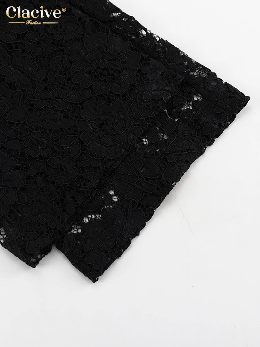 Clacive Sexy Loose Black Lace See Through Trousers Sets Women 2 Pieces Fashion Long Sleeve Shirt With High Waist Wide Pants Set