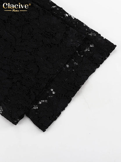 Clacive Sexy Loose Black Lace See Through Trousers Sets Women 2 Pieces Fashion Long Sleeve Shirt With High Waist Wide Pants Set