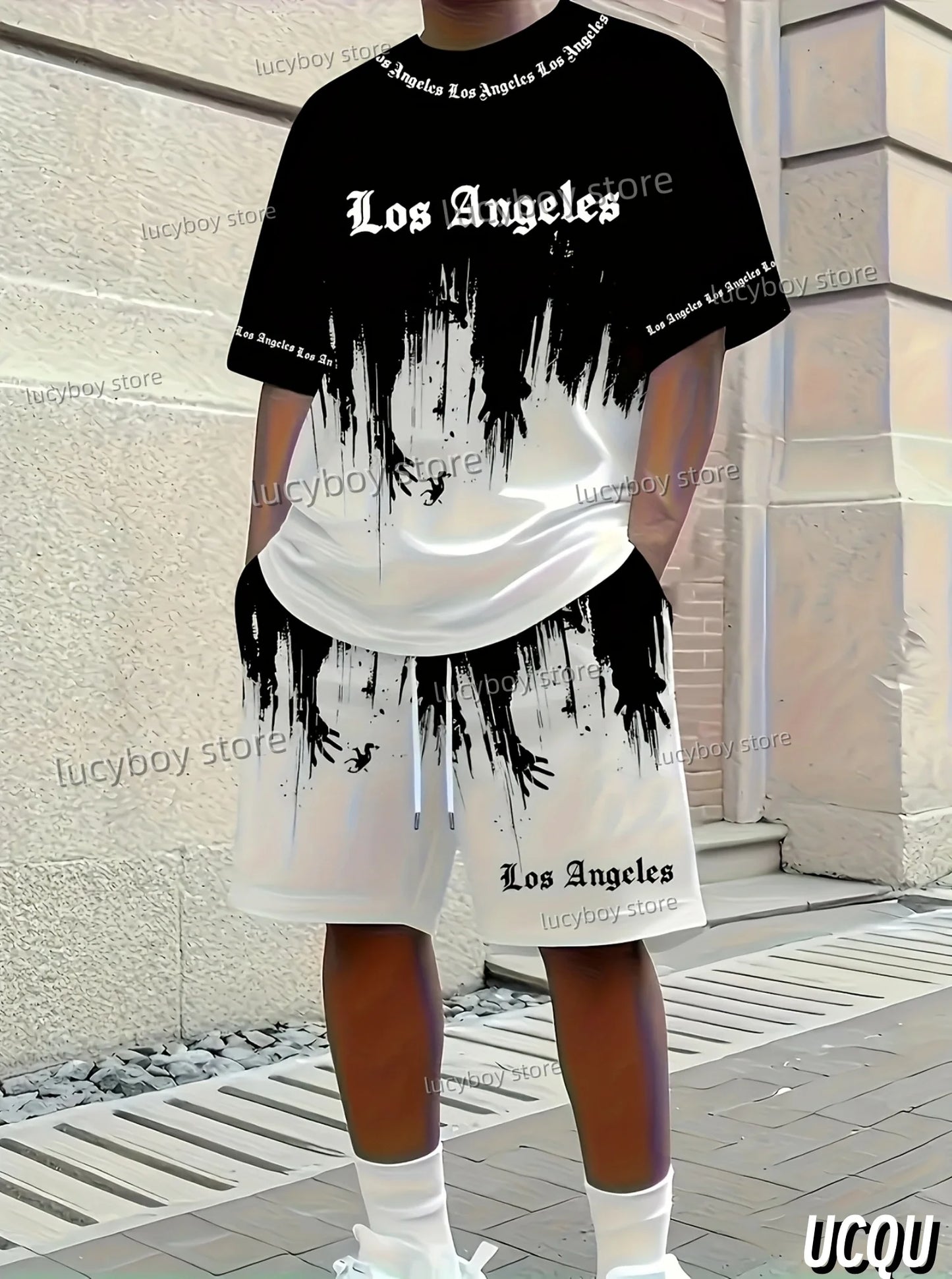 Summer Los Angeles Letter 3D Graffiti Pattern Men's Suit 2 Pieces Set Casual Suit Sports Set Men's Tracksuit Oversized Clothes.