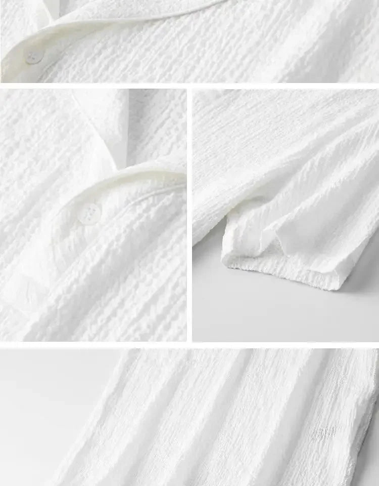 Summer Lightweight Pleated Cotton Casual Sports Set Men's Thin Comfortable Breathable Fashionable Collar Short Sleeve Two-Piece.