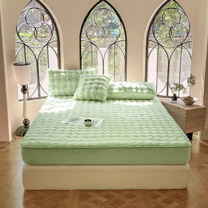 Fluffy Plush Fitted Bed Sheet Solid Color Long Hair Fleece Bed Cover For Double Bed fundas de colchón Winter Warm Mattress Cover