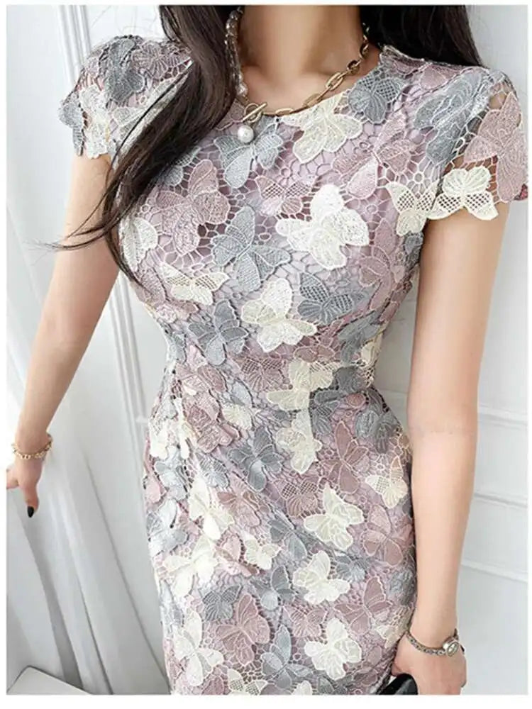 Sommer Stickerei Spitze Schmetterling Kleider Für Frauen Blume Kontrast Farbe Koreanische Mode Büro Party Bodycon Elegante Vestidos.