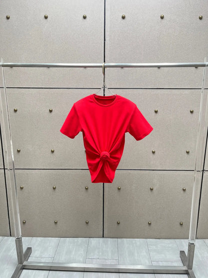 Y2K knotted twist knitted threaded round neck Top women fashionable and versatile navel padded shoulder short-sleeved T-shirt.