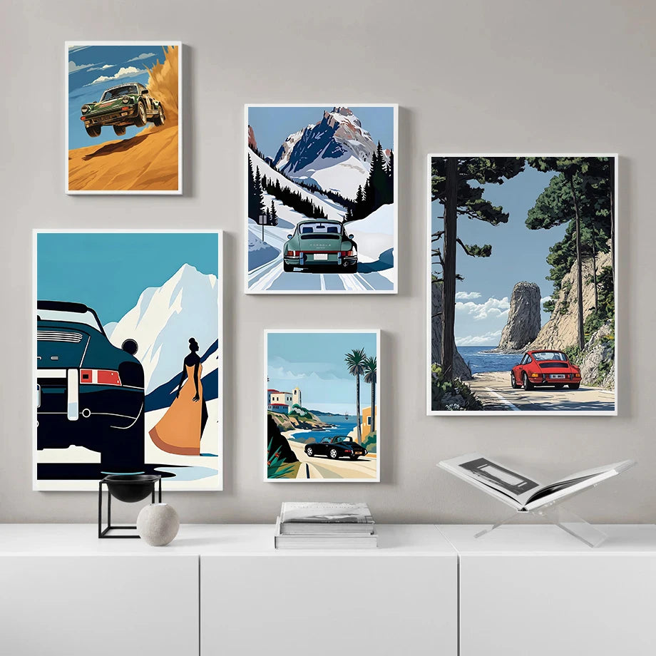 Classic Porsche 911 Alpine Drive Poster Retro Alpine Trip Cartoon Prints Canvas Painting Wall Art Picture Home Living Room Decor.