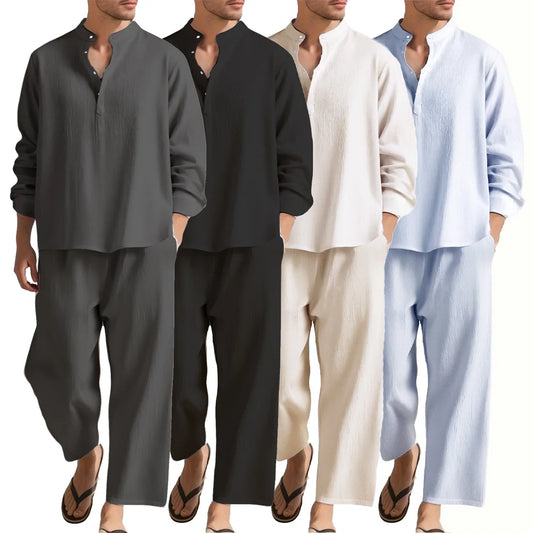 Men's Long Sleeve Shirt and Pants Suits Men Beach Wear Tracksuit Solid Color Shirts Sweatpants Hawaiian Vacation Men's Clothing.