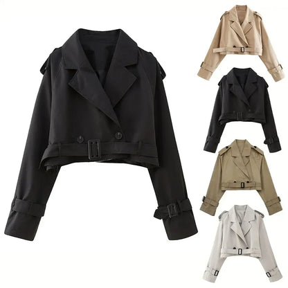 Frauen kurze Blazer Jacken Herbst elegante Vintage einfarbige Langarm Zweireiher Trenchcoat mit Gürtel