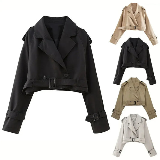 Frauen kurze Blazer Jacken Herbst elegante Vintage einfarbige Langarm Zweireiher Trenchcoat mit Gürtel