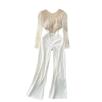 Light Luxury Elegant Women White Backless Jumpsuits Temperament O-neck Puff Long Sleeve Embroidery Female Playsuits.