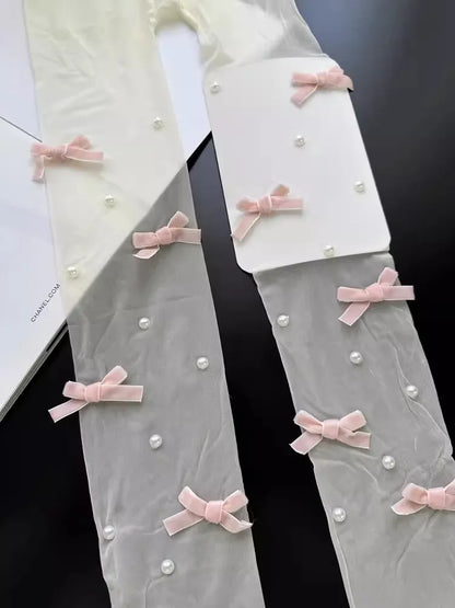 Lolita Pink Velvet Bow Embroidery Pearl Tights Pantyhose Fashion Women Tights JK Lolita Styles Sweet Girls Kawaii Cute Stocking