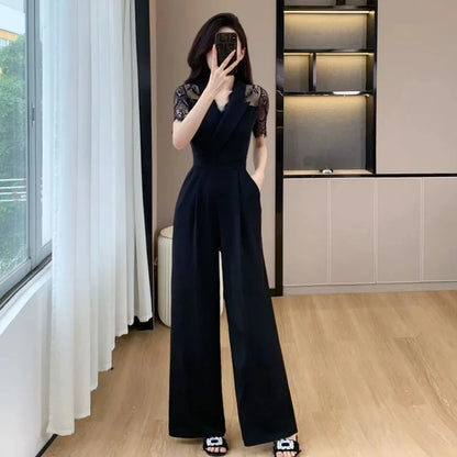 LYX High-Cold Lady Style Romper Women Summer Short Sleeve High Waist Lace Splicing Hollow out One-Piece Straight Leg Pants