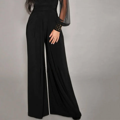 New In Spring Summer Women's Jumpsuit Black V-neck Mesh Splicing Straight One-piece Female Jumpsuit Sexy Streetwear Clothes.