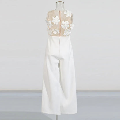 ZMEENNA Elegant White Floral Applique Jumpsuit For Women Sleeveless Wide Leg Romper With Sheer Mesh Top Perfect ZM726.
