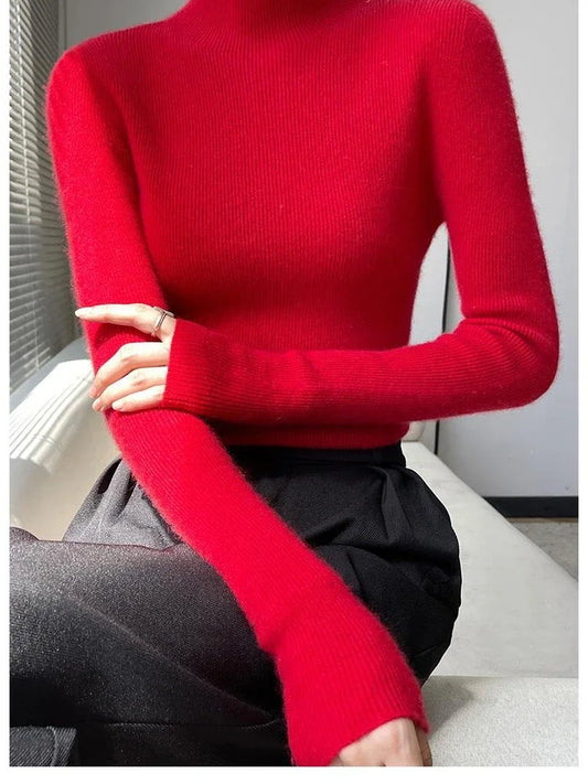 Herbst Winter Frauen Pullover Slim Fit Hohe Strecth Pullover Langarm Inneren Tragen Mock Neck Gestrickte Tops Koreanische Mode Jumper