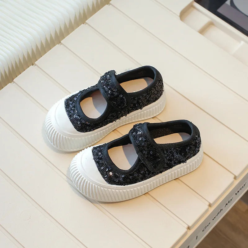 New Girl Princess Canvas Shoes Fashion Luxury Sequins Children Causal Shoes Breathable Kids Glitter Mary Jane Shoes Thick Bottom