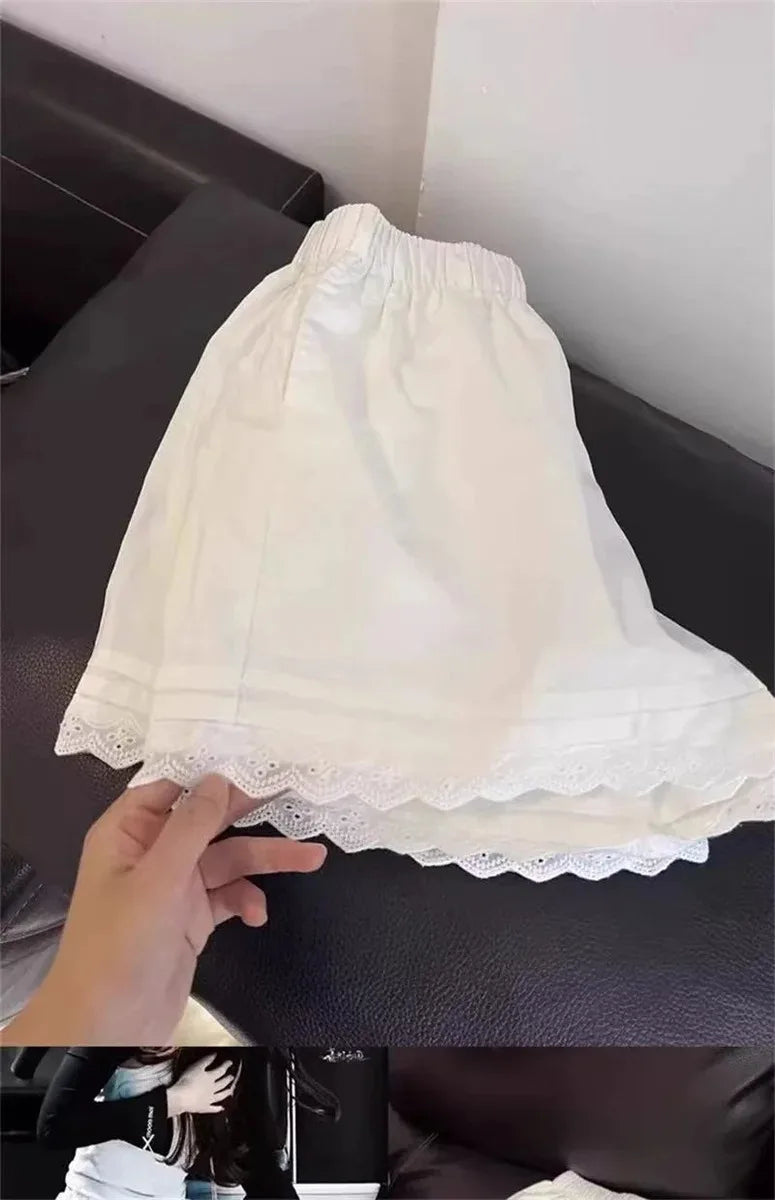 White Lace Trim Patchwork Casual Shorts for Women's High Waisted Wide Leg Vacation Beach Pants Loose Thin Bottoms Home Shorts.