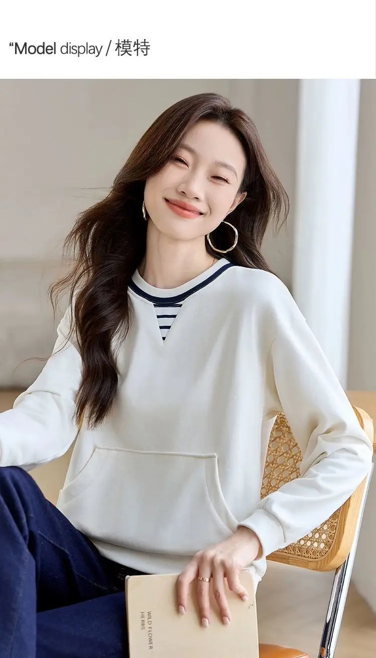 Apricot Round Neck Patch Long Sleeve Sweatshirt Women Loose Comfort Casual Design Fashion Top.