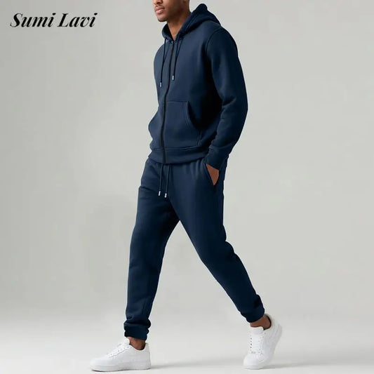 Fashion Fleece Hoodie And Pants Two Piece Sets Mens Winter Solid Color Long Sleeve Outfit Men Streetwear Vintage Slim Fit Suits.