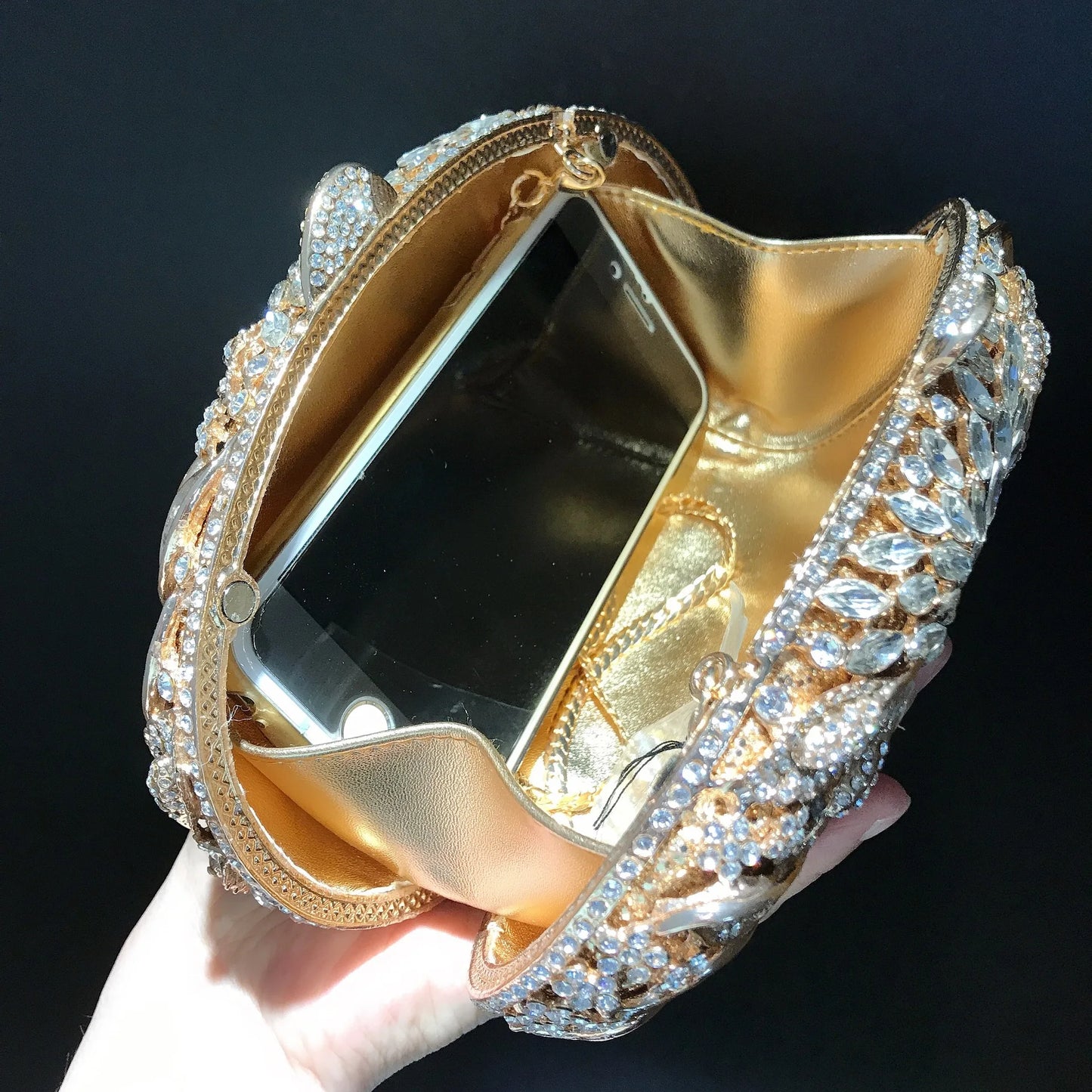 Gold Metal Leaves White Crystals Evening Clutch Bags Luxury Women Wedding Party Purse Ball Handbags Rhinestone Mini heart bag
