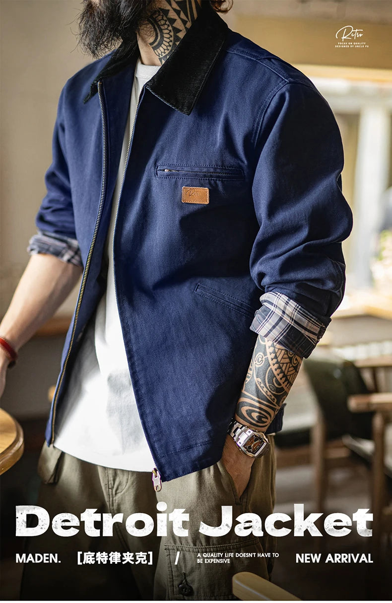 Maden Men's Retro J001 Detroit Jacket Heavyweight Canvas Hunting Coat Lapel Collar Work Jackets with Zipper for Spring Fall.