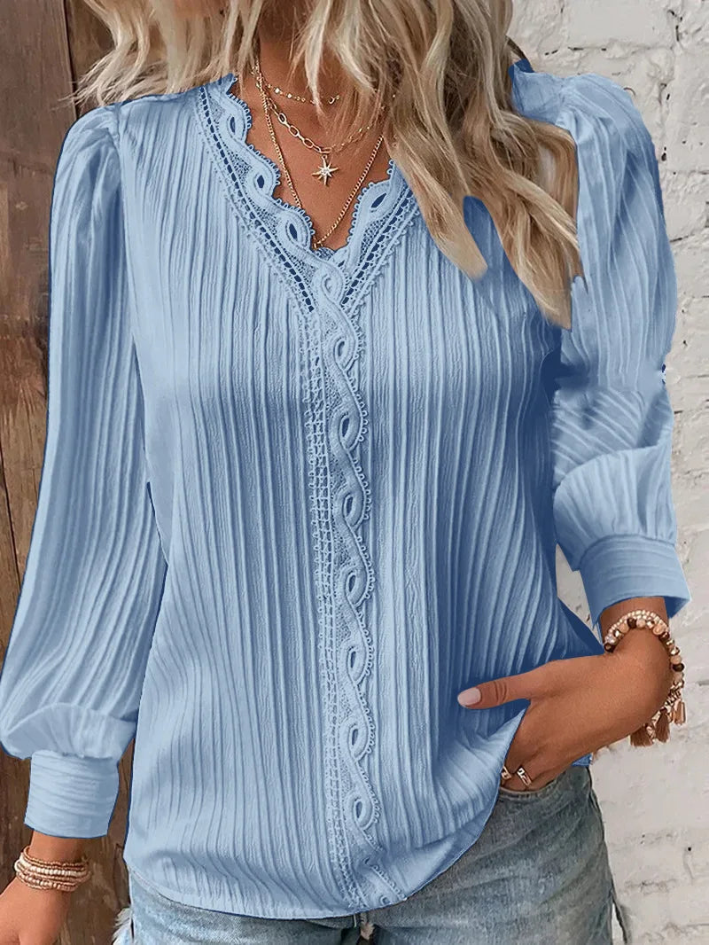 Elegant Summer Hollow Lace Patchwork Women Shirt Chic Blouse V Neck Long Sleeve Shirt Plain Lace Casual Basic Regular Tops.