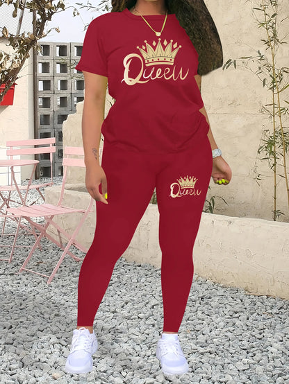 2024 New Summer Women's Printed Comfortable Casual Set 2 piece sets women outfit pants set queen letter printed Short Sleeve Top.