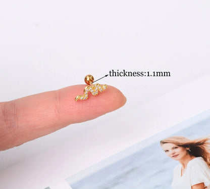 1PC New Curved Cz Cartilage Stud Moon Leaf  Helix Rook Conch Screw Back Earring Stainless Steel Bar Ear Piercing Jewelry