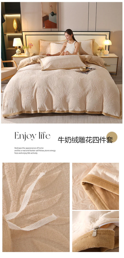 2025 new light luxury high gram weight carved fleece milk fleece bed sheet four-piece set thickened warm bedding winter.