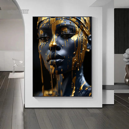Golden Radiant African Beauty Art Posters Print Canvas Painting Modern Fashion Portrait Wall Art Mural for Liivng Room Decor.