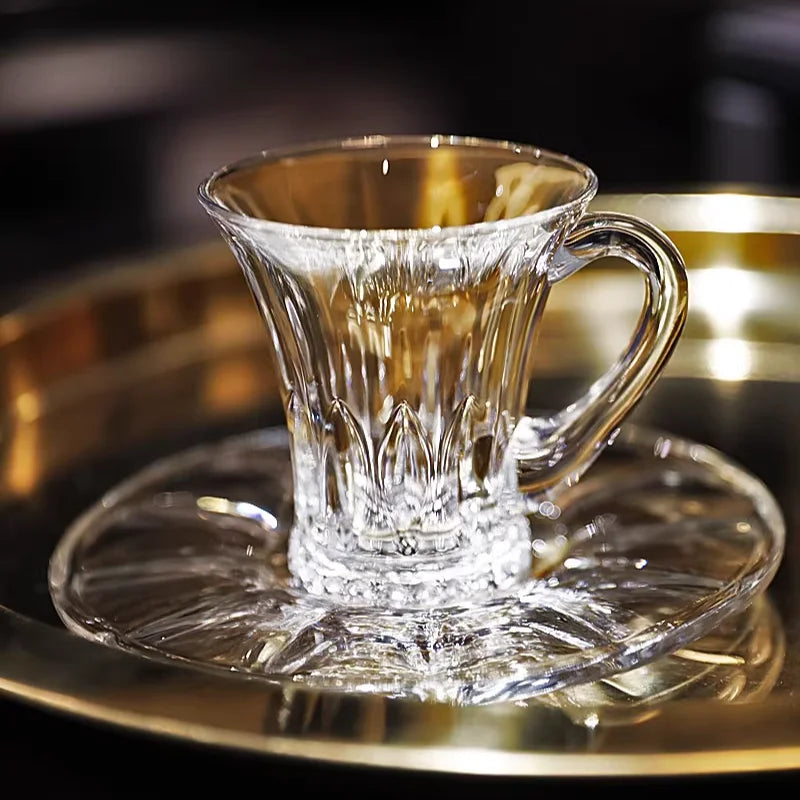 Crystal Glass Cappuccino Hot Drink Coffee Cup Simplicity Household Creative Transparent Flower Tea Hot Drink Cup and Saucer Set.