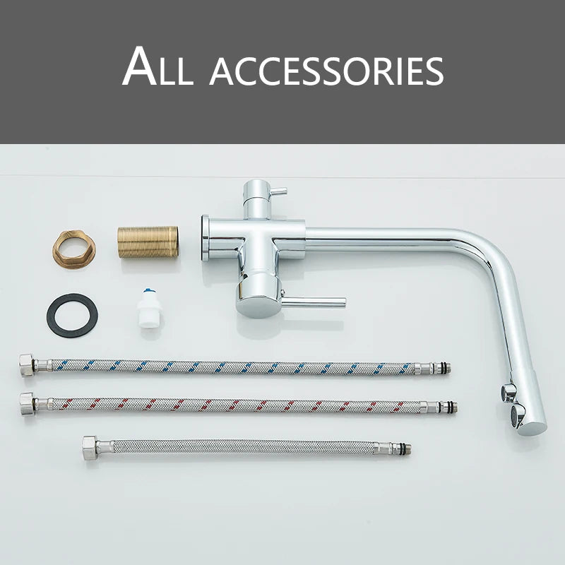 Filter Kitchen Faucet Chrome Drinking Pure Water Kitchen Tap Deck Mounted Dual Handles 3-Ways Hot and Cold Water Mixer