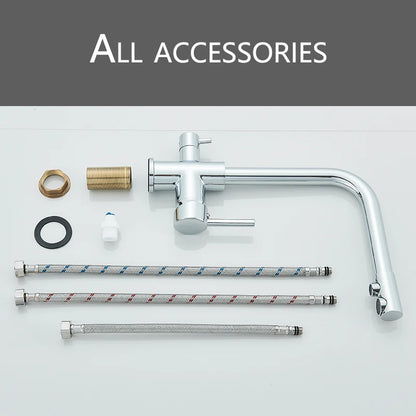 Filter Kitchen Faucet Chrome Drinking Pure Water Kitchen Tap Deck Mounted Dual Handles 3-Ways Hot and Cold Water Mixer
